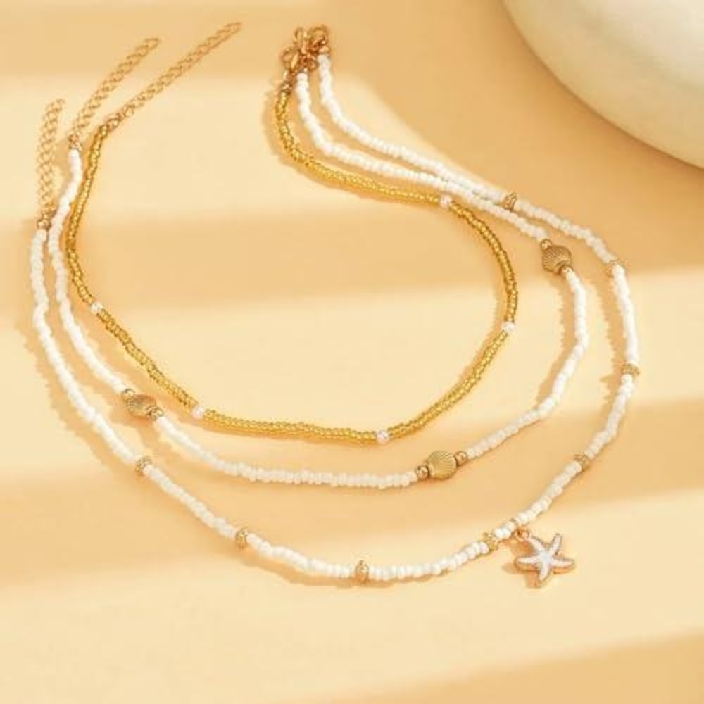 Bohemian‎ Layered Starfish Shell Seed Bead Necklace Gold White Beach Jewelry Set